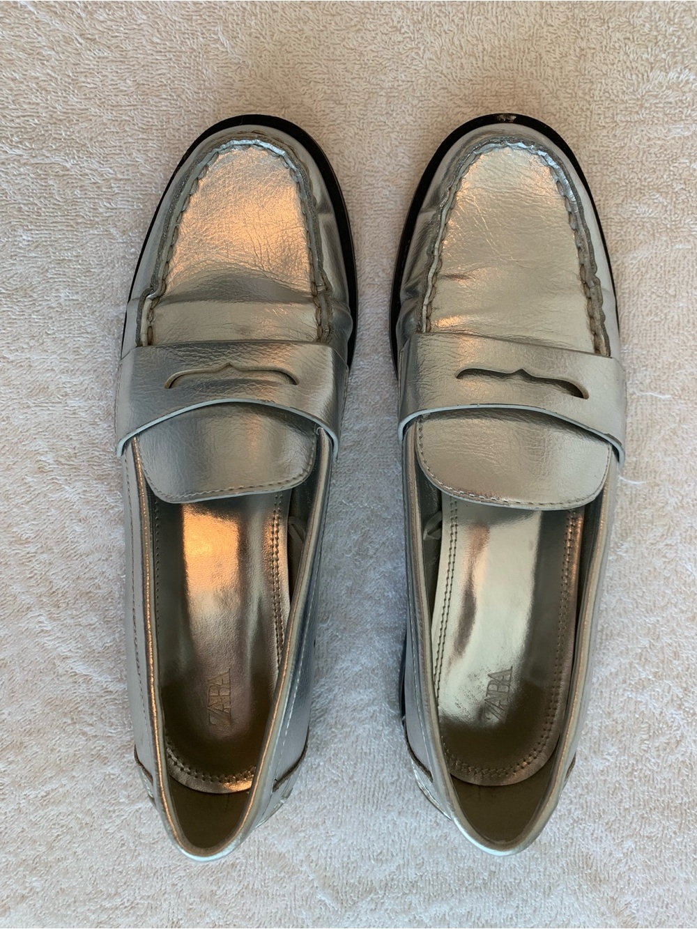 ZARA Size 38 Metallic Silver Penny Loafers for Women
